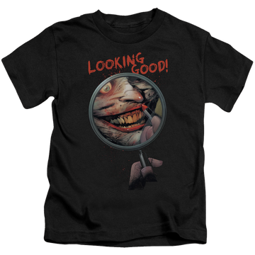 Black kid's t-shirt for ages 4 to 7 with Joker Looking Good graphic