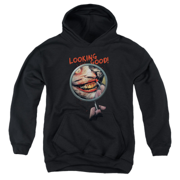 Black youth hoodie for ages 8 to 12 with Joker Looking Good graphic