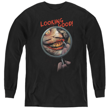 Black youth long sleeve t-shirt with Joker Looking Good graphic
