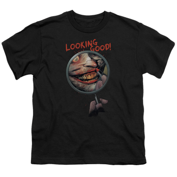 Black youth t-shirt for ages 8 to 12 with Joker Looking Good graphic