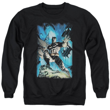 Black men's crewneck sweatshirt with Batman Stormy Dark Knight graphic