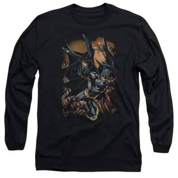 Black men's long sleeve t-shirt with Batman Grapple Fire graphic