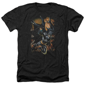 Charcoal men's heather t-shirt with Batman Grapple Fire graphic