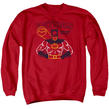 Red men's crewneck sweatshirt with Batman Ready For Action graphic
