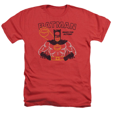 Red men's heather t-shirt with Batman Ready For Action graphic