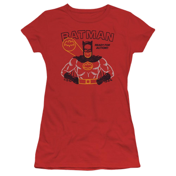 Red juniors t-shirt with Batman Ready For Action graphic