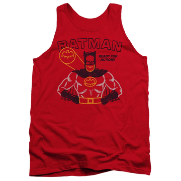 Red men's tank with Batman Ready For Action graphic