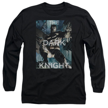 Black men's long sleeve t-shirt with Batman Fighting The Storm graphic