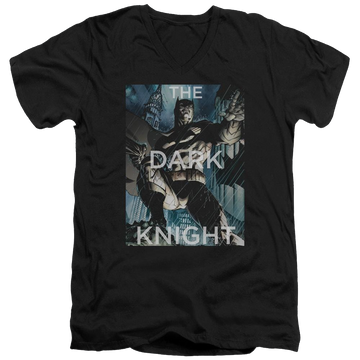 Black men's v-neck t-shirt with Batman Fighting The Storm graphic