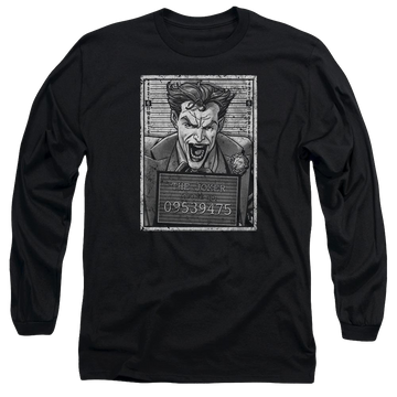 Black men's long sleeve t-shirt with Batman Joker Inmate graphic