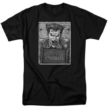 Black men's regular fit t-shirt with Batman Joker Inmate graphic