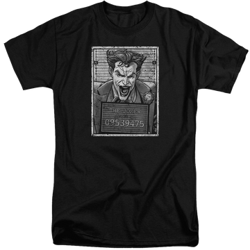 Black men's tall fit t-shirt with Batman Joker Inmate graphic
