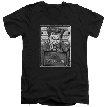 Black men's v-neck t-shirt with Batman Joker Inmate graphic