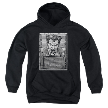 Black youth hoodie for ages 8 to 12 with Joker Inmate graphic