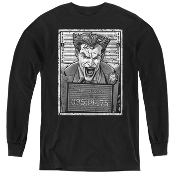 Black youth long sleeve t-shirt with Joker Inmate graphic