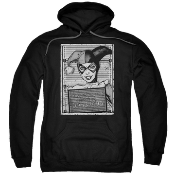 Black pullover hoodie with Harley Quinn Batman Harley Inmate graphic