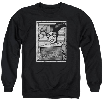 Black men's crewneck sweatshirt with Harley Quinn Batman Harley Inmate graphic