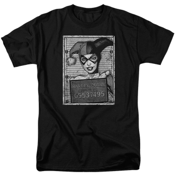Black men's regular fit t-shirt with Harley Quinn Batman Harley Inmate graphic