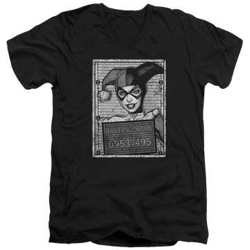 Black men's v-neck t-shirt with Harley Quinn Batman Harley Inmate graphic
