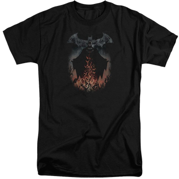 Black men's tall fit t-shirt with Batman Smoke & Fire graphic