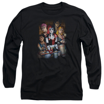 Black men's long sleeve t-shirt with Harley Quinn Batman Bad Girls graphic