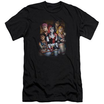 Black men's premium slim fit t-shirt with Harley Quinn Batman Bad Girls graphic