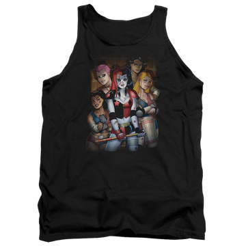 Black men's tank with Harley Quinn Batman Bad Girls graphic