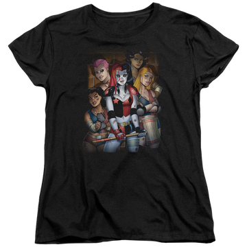 Black women's t-shirt with Harley Quinn Batman Bad Girls graphic