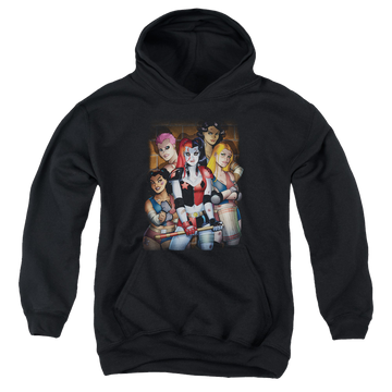 Black youth hoodie for ages 8 to 12 with Harley Quinn Bad Girls graphic