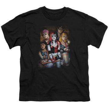 Black youth t-shirt for ages 8 to 12 with Harley Quinn Bad Girls graphic