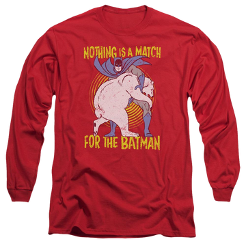Red men's long sleeve t-shirt with Batman Bear Wrastling graphic