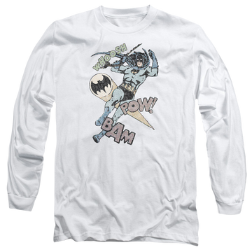 White men's long sleeve t-shirt with Batman Halftone Swing graphic