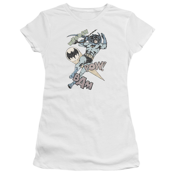 White juniors t-shirt with Batman Halftone Swing graphic