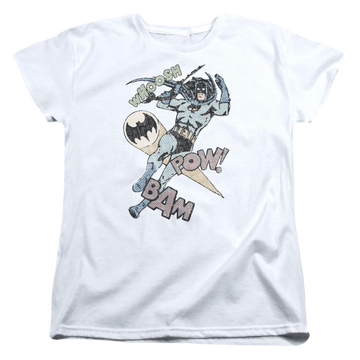 White women's t-shirt with Batman Halftone Swing graphic