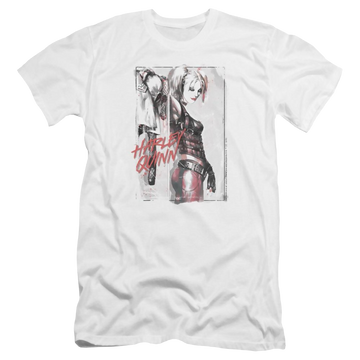 White men's premium slim fit t-shirt with Harley Quinn Batman Ink Wash Harley graphic