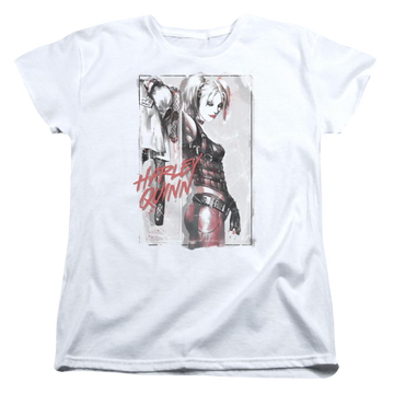 White women's t-shirt with Harley Quinn Batman Ink Wash Harley graphic