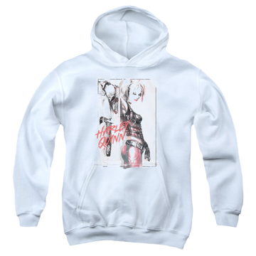 White youth hoodie for ages 8 to 12 with Harley Quinn Ink Wash Harley graphic