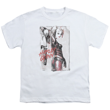 White youth t-shirt for ages 8 to 12 with Harley Quinn Ink Wash Harley graphic