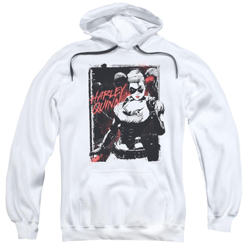 White pullover hoodie with Harley Quinn Batman House Call graphic