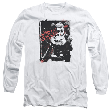 White men's long sleeve t-shirt with Harley Quinn Batman House Call graphic