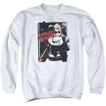 White men's crewneck sweatshirt with Harley Quinn Batman House Call graphic