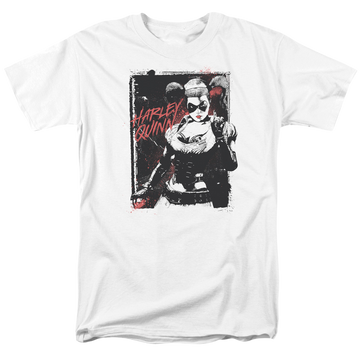 White men's regular fit t-shirt with Harley Quinn Batman House Call graphic