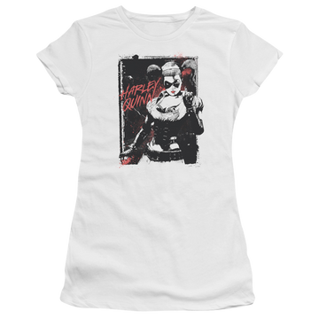 White juniors t-shirt with Harley Quinn Batman House Call graphic