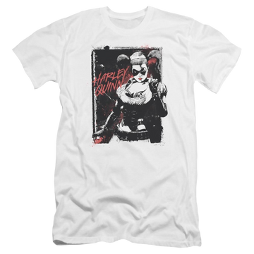 White men's premium slim fit t-shirt with Harley Quinn Batman House Call graphic