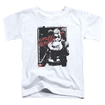 White toddler t-shirt with Harley Quinn House Call graphic