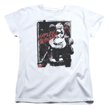 White women's t-shirt with Harley Quinn Batman House Call graphic