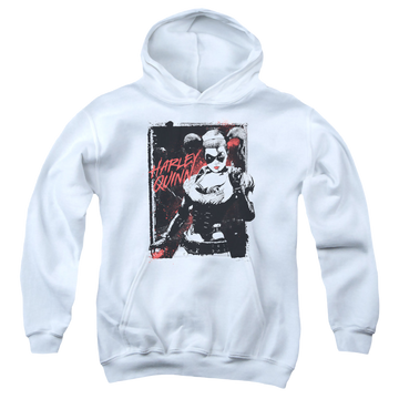 White youth hoodie for ages 8 to 12 with Harley Quinn House Call graphic