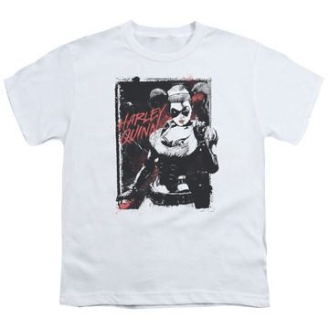 White youth t-shirt for ages 8 to 12 with Harley Quinn House Call graphic