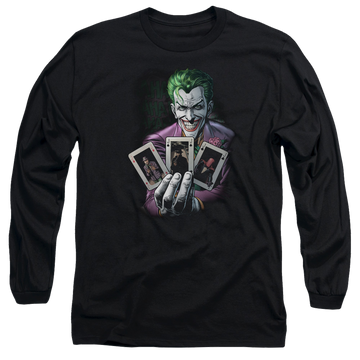 Black men's long sleeve t-shirt with Joker Batman 3 Of A Kind graphic