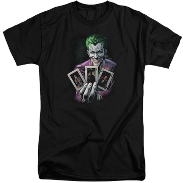 Black men's tall fit t-shirt with Joker Batman 3 Of A Kind graphic